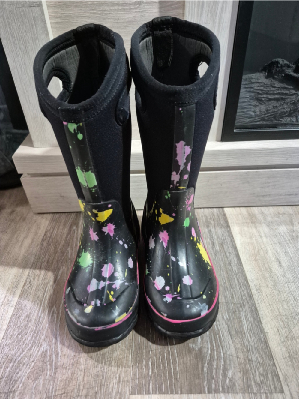 Girls Bogs Paint Splatter Rain Boots Size 11 Black Multi-color